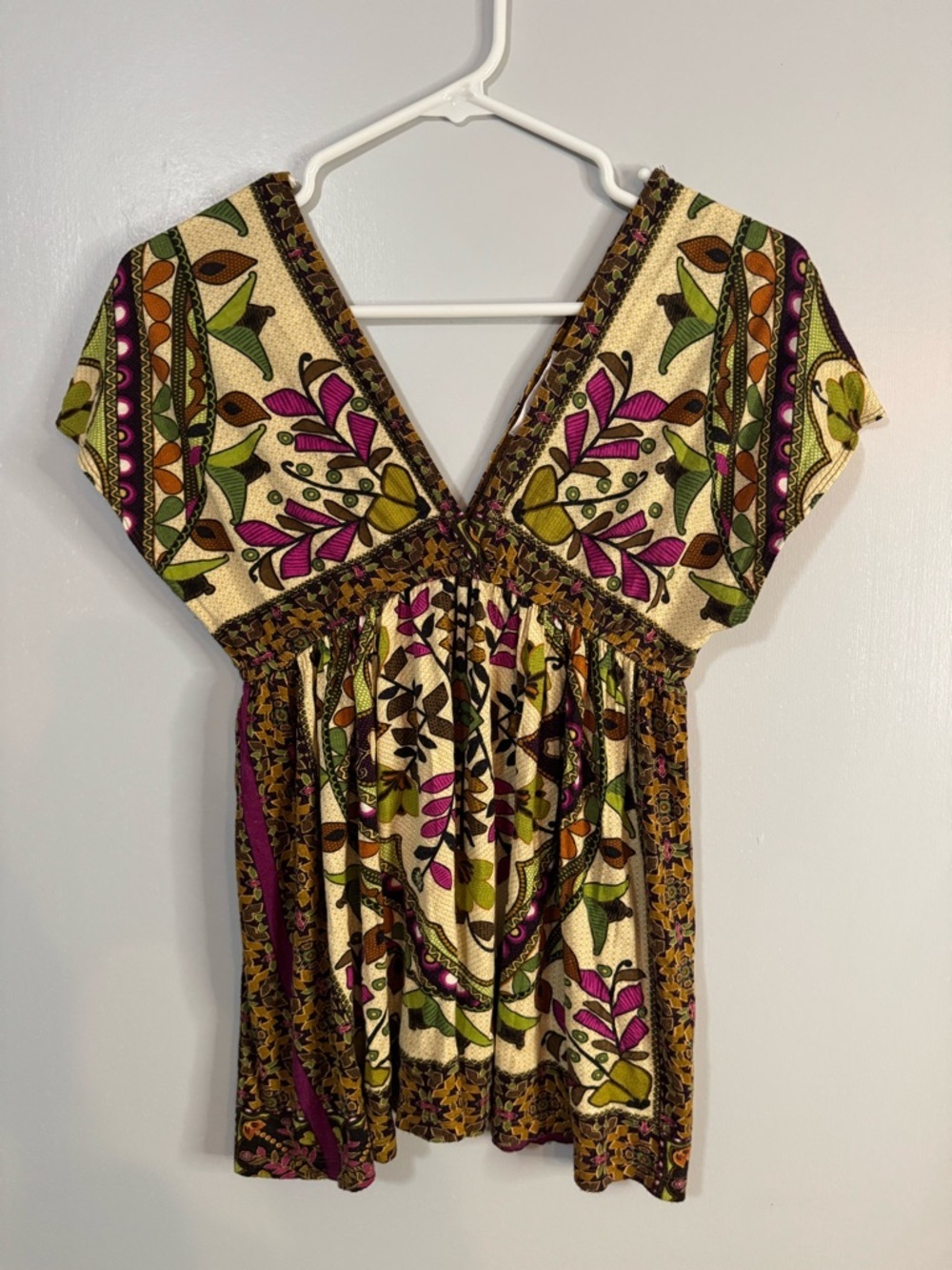 Charlotte Russe Brown Cream Floral Boho V-Neck Blouse Size Small